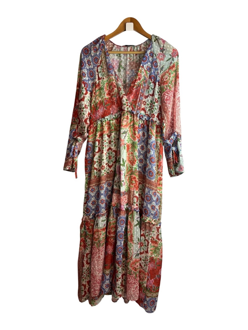 ZARA Floral Printed Patchwork Swiss Dot RUFFLED chiffon Midi /Maxi Dress size S